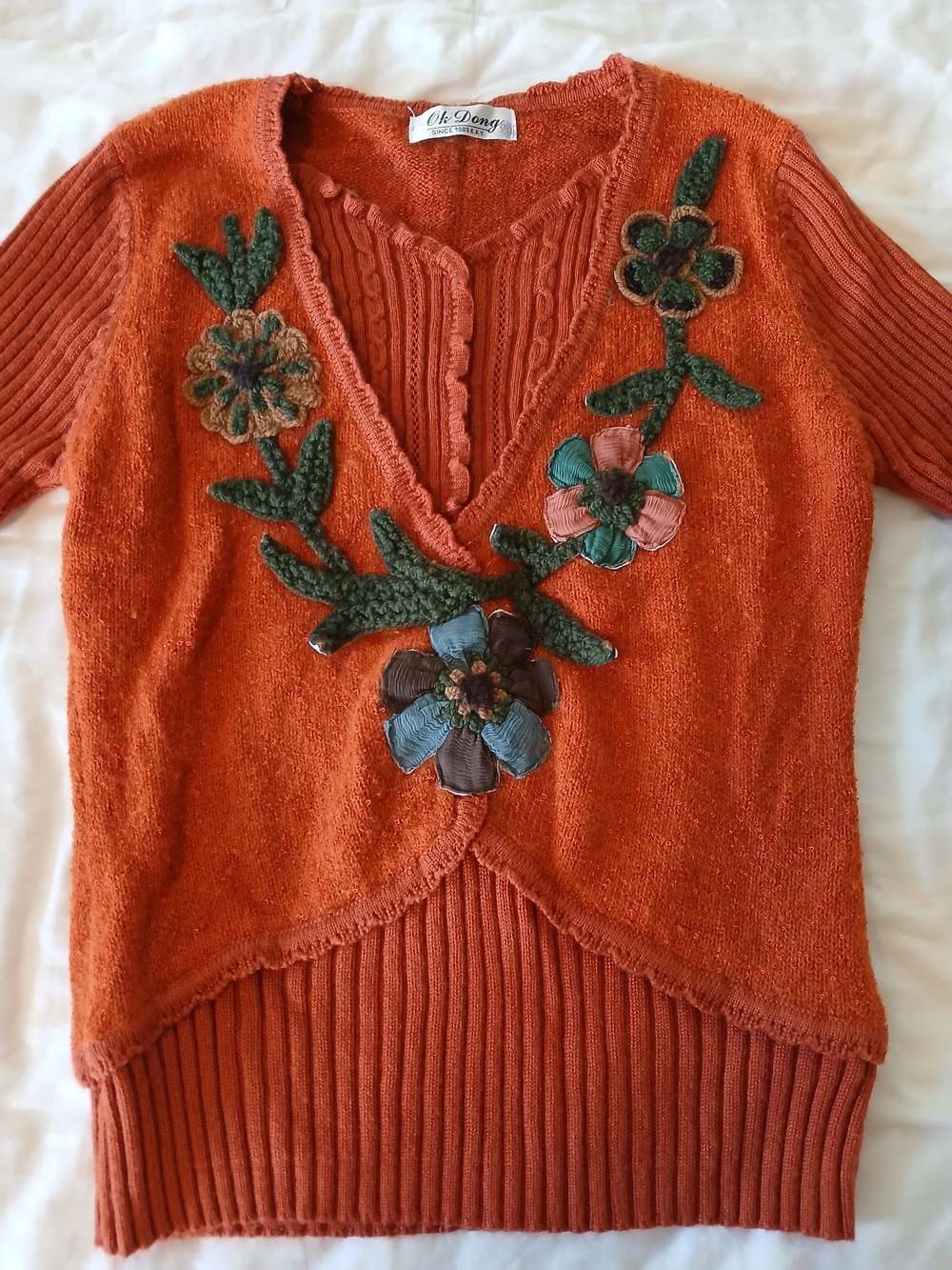 Cottagecore Vintage Rust Orange Floral Appliqué V-Neck Sweater